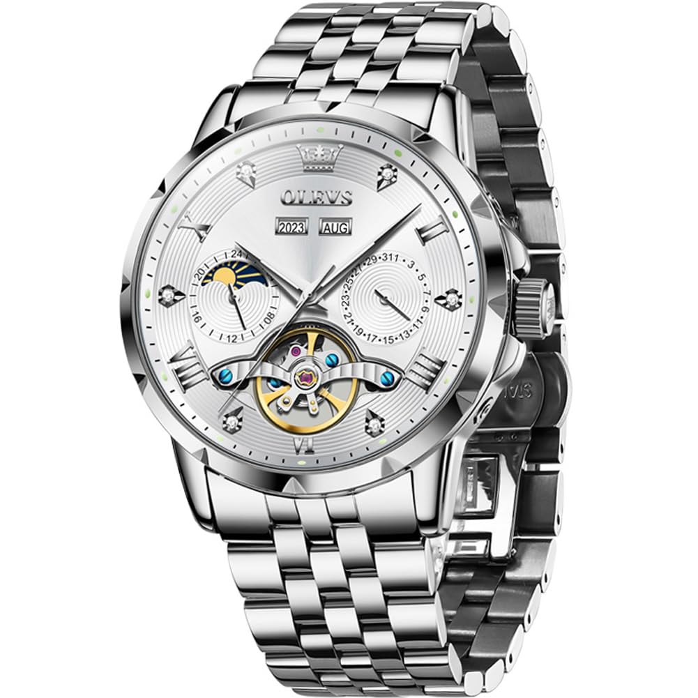 OLEVS Mechanical Automatic Winding Moon Phase Stylish Skeleton Waterproof Popular Watch Luminous Watch for Men White Men's