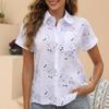 Summer Women Floral Print Short Sleeve Cotton Linen Blouse Turn Down Collar Single Breasted Tops White Yellow Blue Casual Shirt