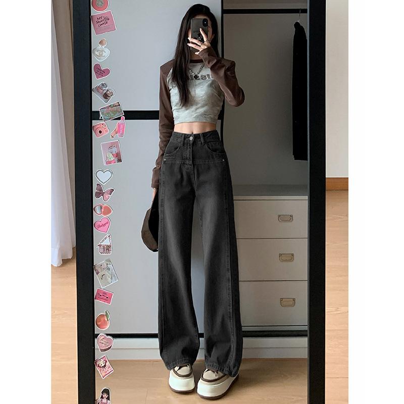 Black and gray wide-leg jeans women's 2025 high-waisted straight loose floor pants American retro spring clothing European and American style