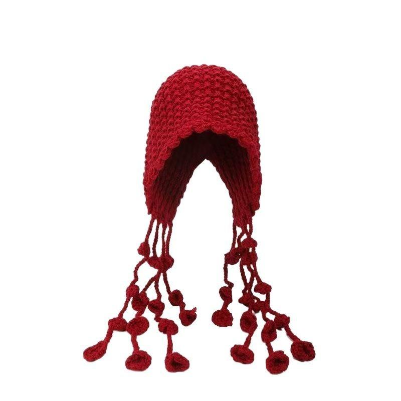 

Sweet and cute little red knitted hat children autumn and winter red festive ear protection warm trendy baotou wool hat красный