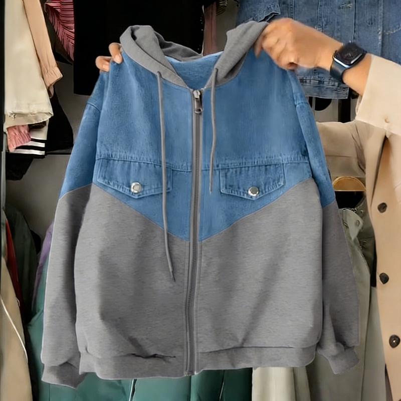 ZANZEA Women Casual Hoodies Long Sleeve Patchwork Zipper Sweatshirt Outwaear