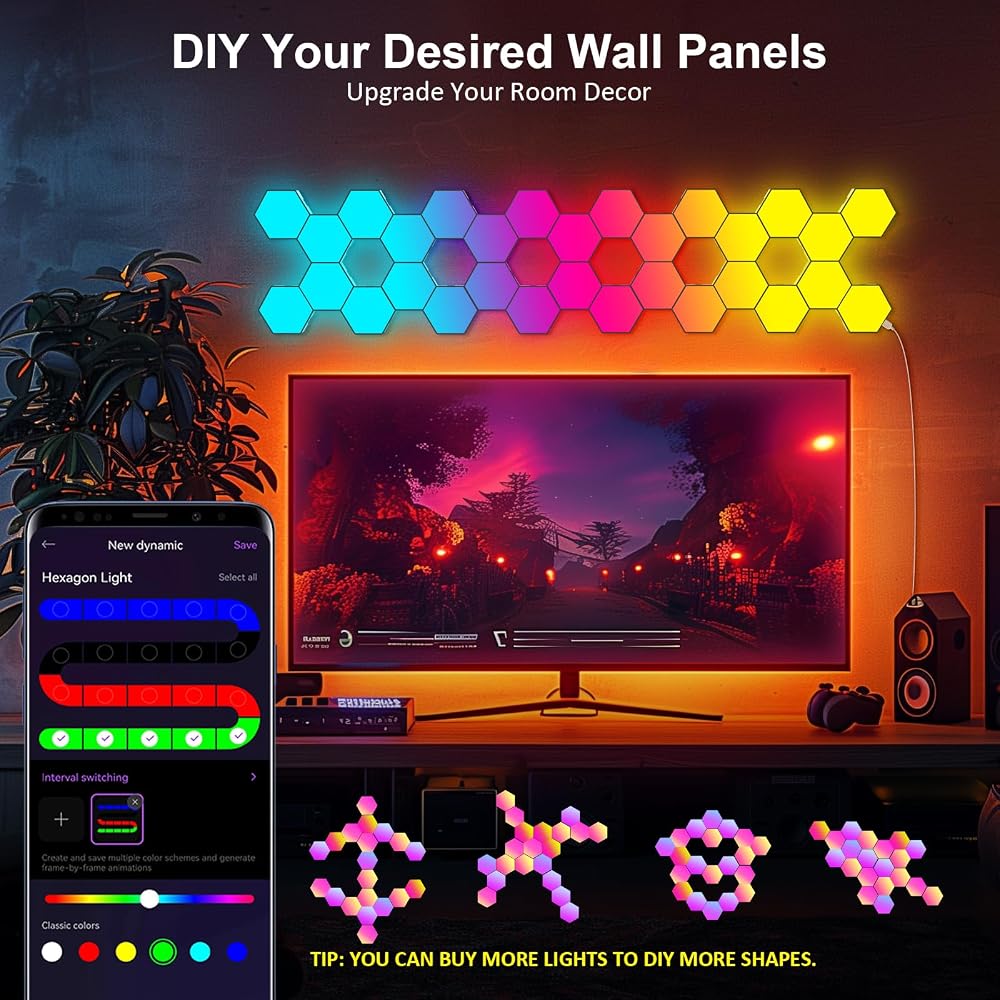 Hexagon Smart RGB LED Light Panels 8 Pack with App & Remote Control Music Sync Wall Lights for Living Room Bedroom Gaming Room