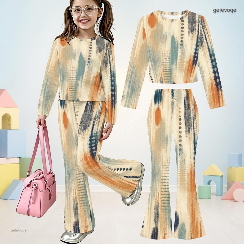 Girls Printed Round Neck Long Sleeve Top Flared Pants Two Piece Set