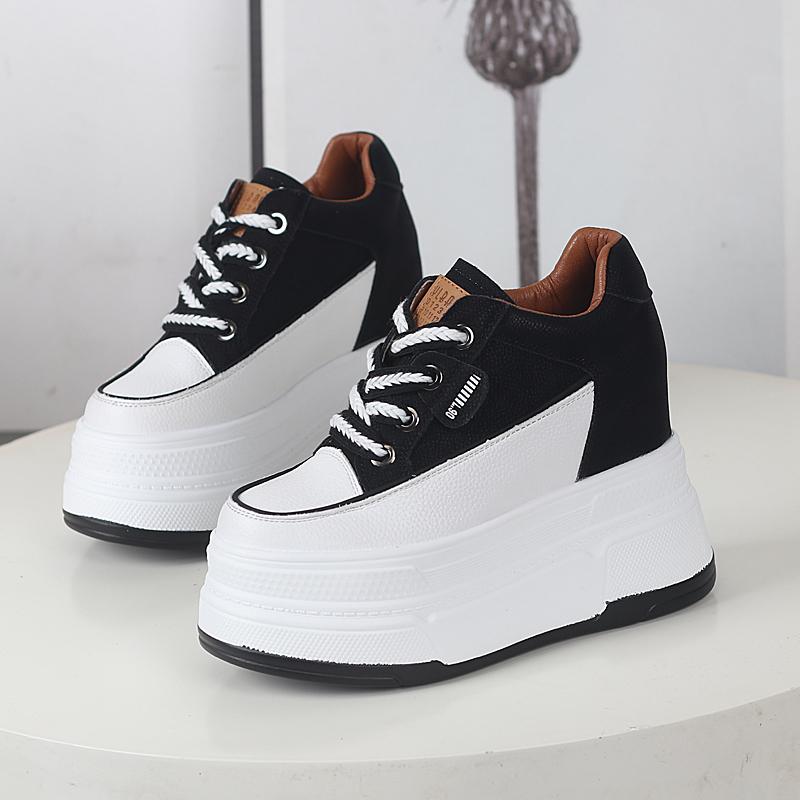 Fashion 12CM Genuine Leather Platform Wedge Fashion Women Spring Summer Autumn Chunky Sneakers Shoes Breathable Comfortable