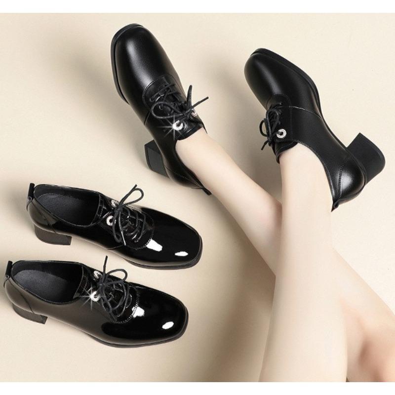 4.5cm New Soft Leather Shoes with Soft Soles Middle-aged Women's Shoes with British Style Deep Mouth and Square Head