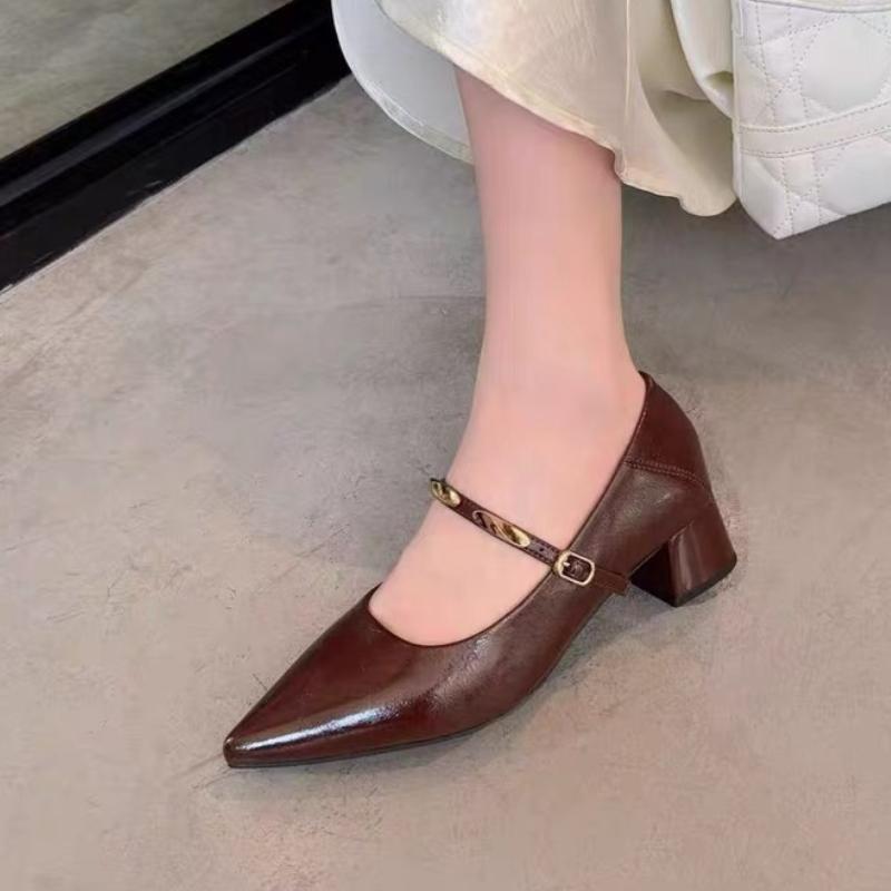 Fashion 2025 New Metal Buckle One-band Block Heel Single Shoes Autumn New Pointed Toe Shallow Mouth Non-slip Kitten Heel Shoes