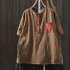 Johnature Women Vintage T-shirts Summer Chinese Style O-Neck Short Sleeve Pockets Solid Color Female T-Shirts
