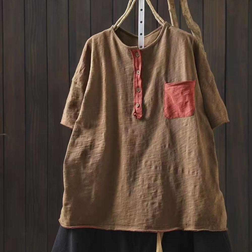 Johnature Women Vintage T-shirts Summer Chinese Style O-Neck Short Sleeve Pockets Solid Color Female T-Shirts
