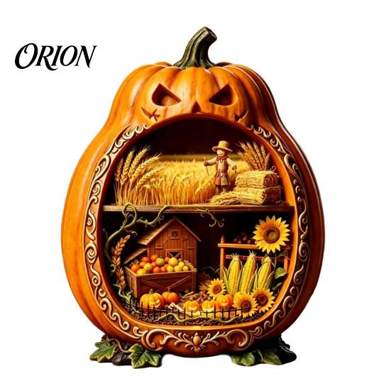 Detailed Halloween Scene Decor Centerpiece Pumpkin, Wooden Pumpkin Ornament with Miniature Scenes, Rustic Home Accents Skeleton for Farmhouse