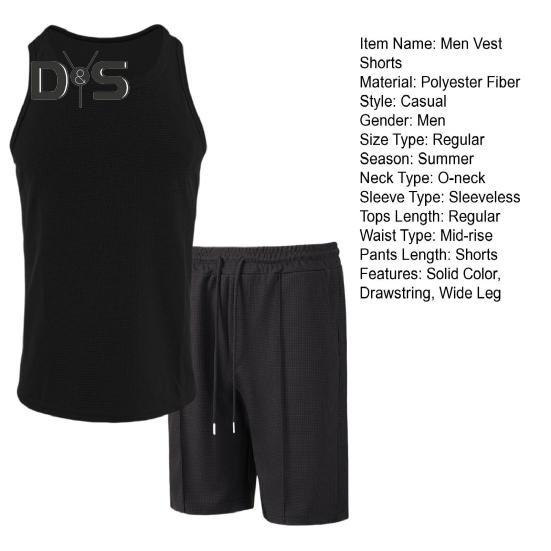 2Pcs/Set Men Sportswear Waffle Fabric Solid Color O-Neck Sleeveless Vest Elastic Waist Wide Leg Shorts Suit Casual Wear