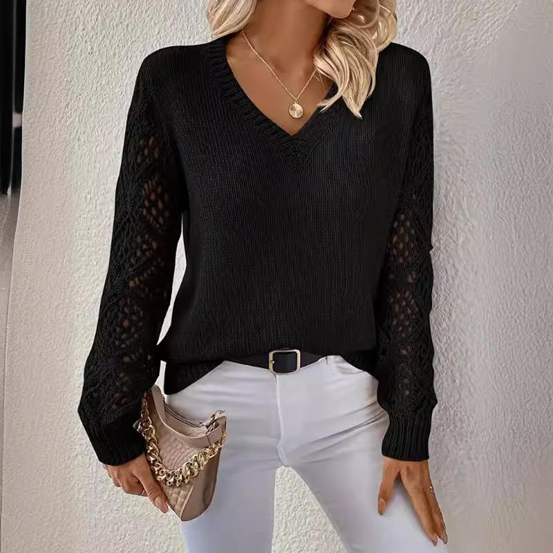 Spring and Autumn Knitted Sweater Foreign Trade Women's Clothing Temperament V-neck Hollow Long-sleeved Solid Color Casual Top