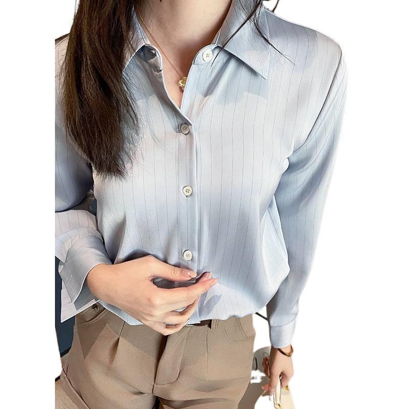 2025 Spring Blue Striped Satin Straight Shoulder Women's Work Blouse