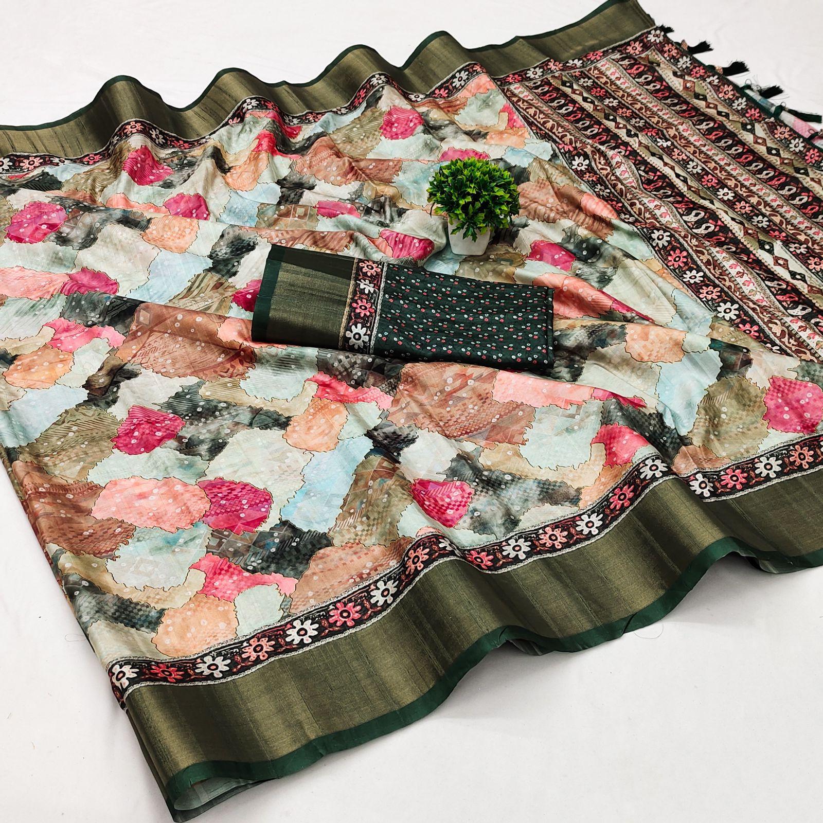 

Soft Handloom Silk saree with Beautiful digital Print with Zari weawing border with Kalamakari pallu & contrast printed blouse piece