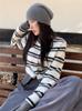 2025 Autumn/Winter Women's Korean Style 100% Wool Striped Cardigan Sweater - Round Neck, Comfortable Knit