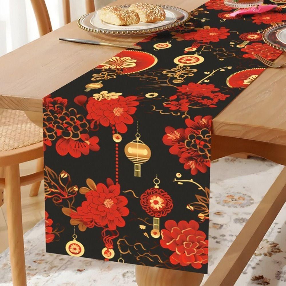 Red Golden Color New Year Table Runner Rectangular Shape Lantern Print Table Runner Horse Design Chinese Style Tablecloth