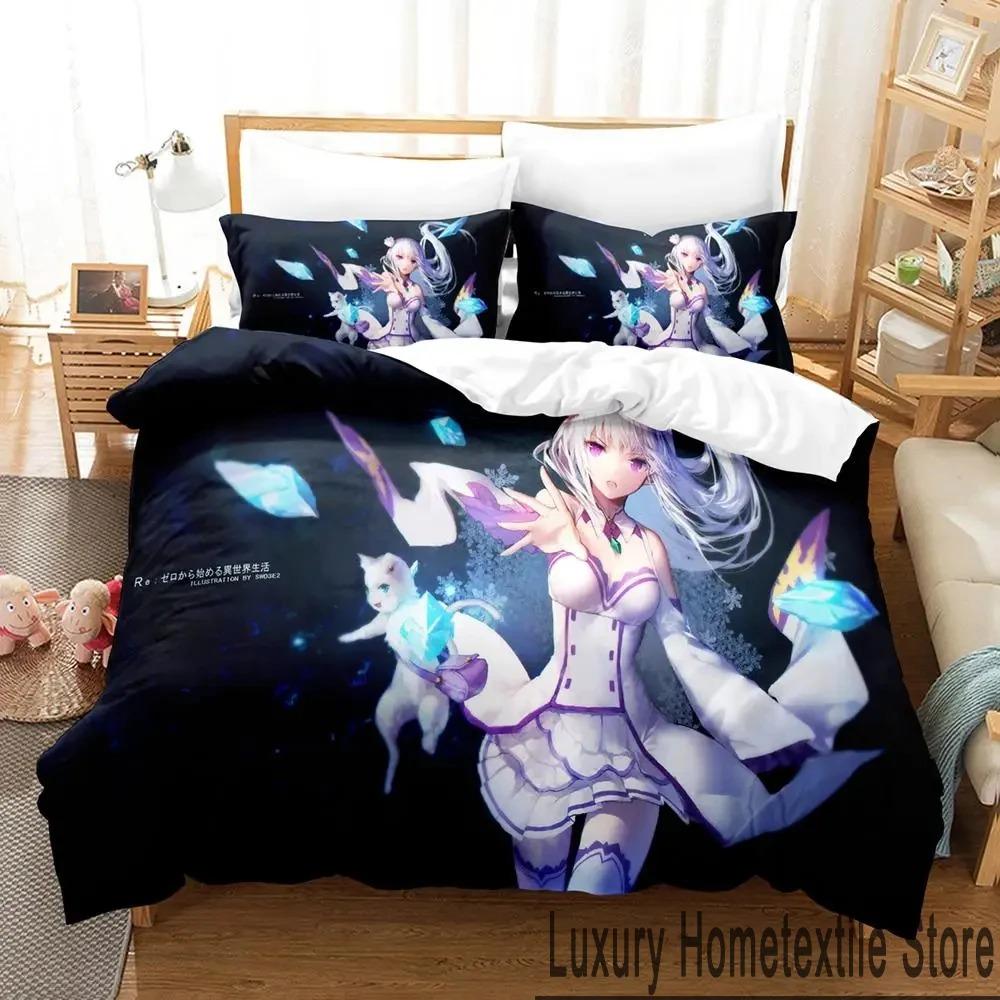 3D-Druck Anime Re Zero Rem Ram Emilia Bettwäsche-Set Jungen Mädchen Twin Queen King Size Bettbezug Kissenbezug Bett Jungen Erwachsene Werkzeug