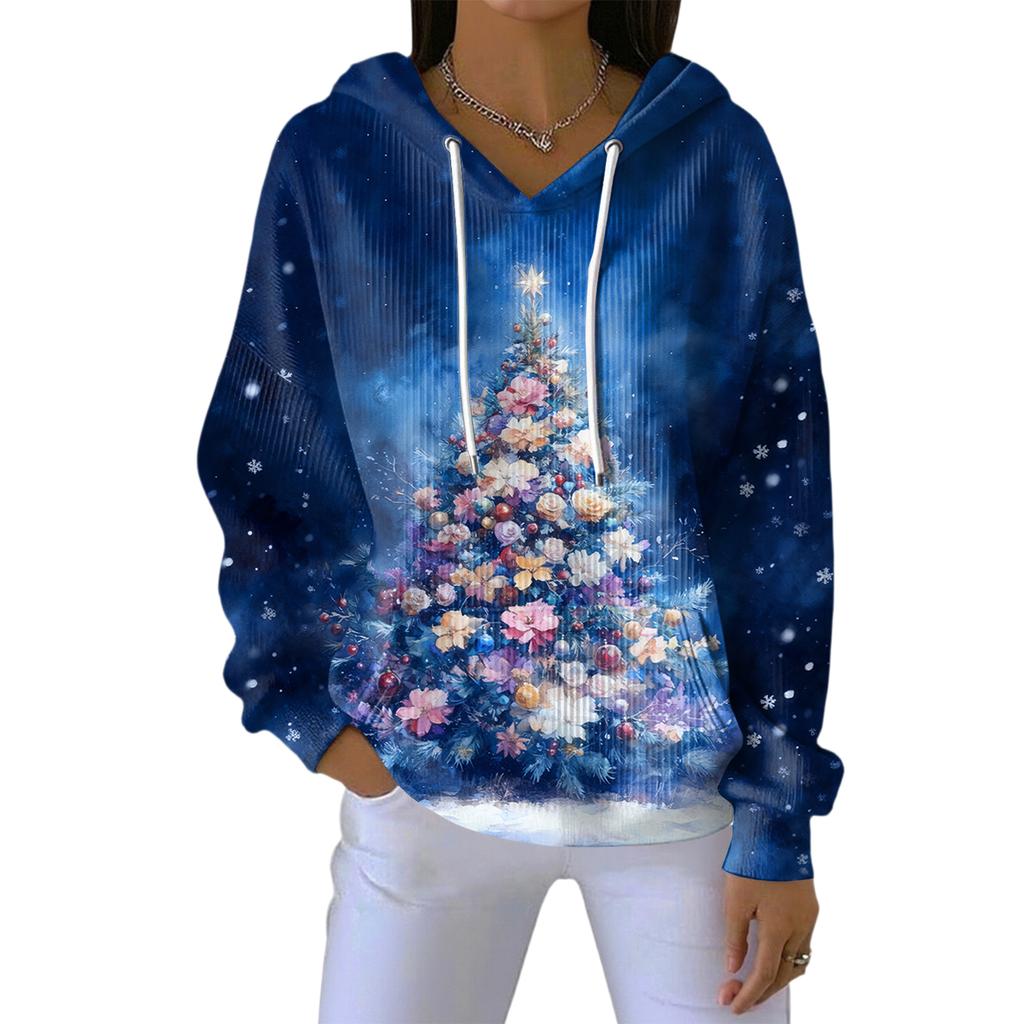 Women's Loose Comfortable Casual Fashion V-Neck Christmas Print Long Sleeve Hoodie