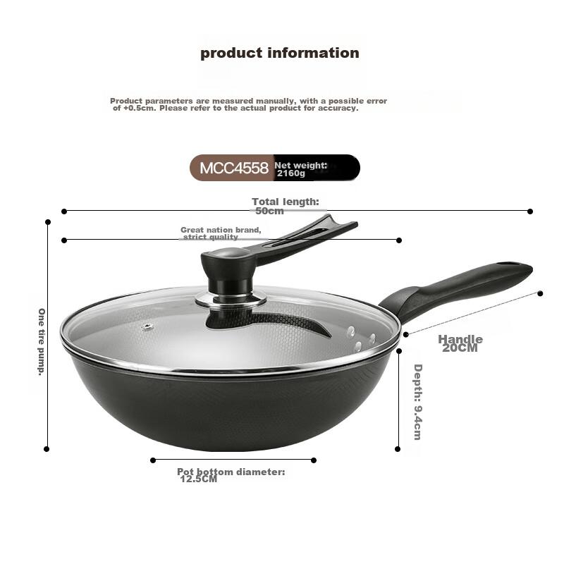 Wok Iron Pan with Lid, 30cm Non-Coated Pure Iron Frying Pan, Nitrided, Compatible with Gas And Induction Stoves MCC4558
