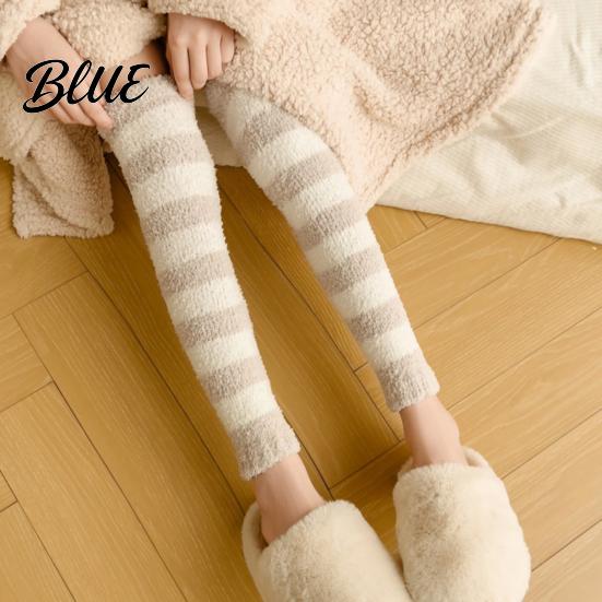 Warm Leg Sleeves for Sleeping Coral Fleece Warmers Women Thickened Winter Thermal Knee High Indoor Cold Weather Socks Striped/Solid Color,