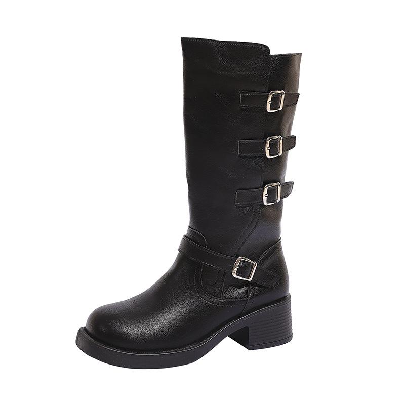 Korean Soft Leather Martin Boots Women's British Style Autumn 2025 New Belt Buckle Retro Medium Tube Thick Heel Fashion Boots