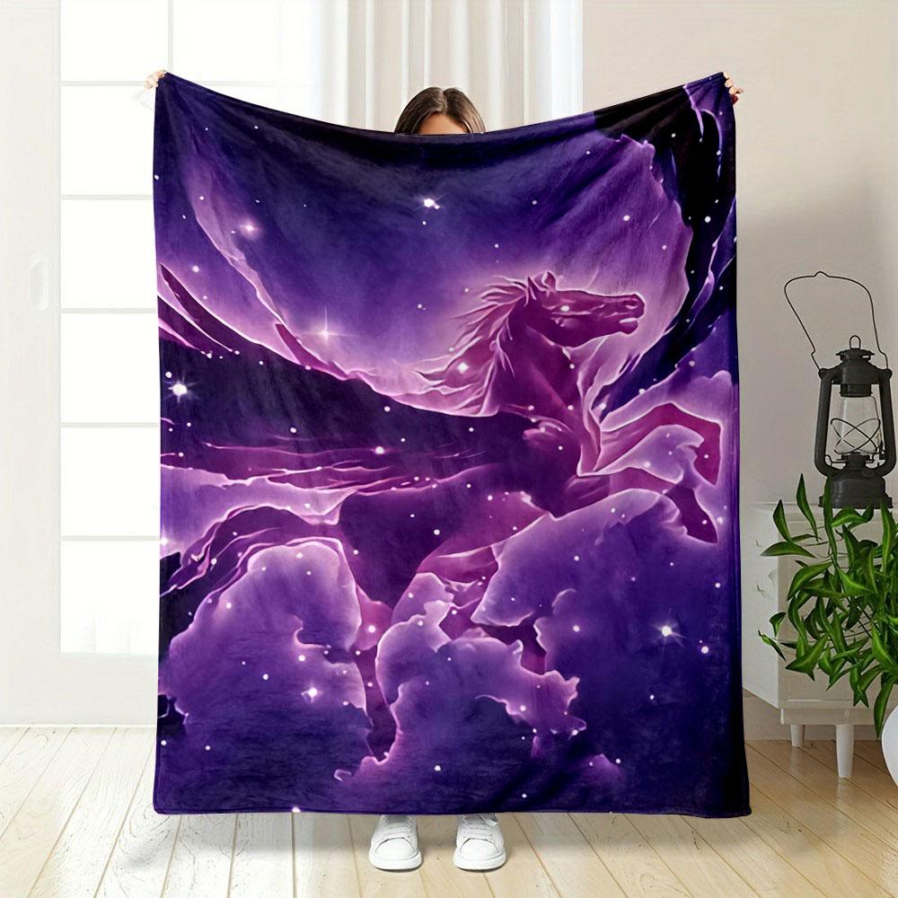 A Luminous Winged Horse Emerges Within Glowing Clouds and Scattered Stars. for All Seasons Blanket Lunch Break Throw Gift