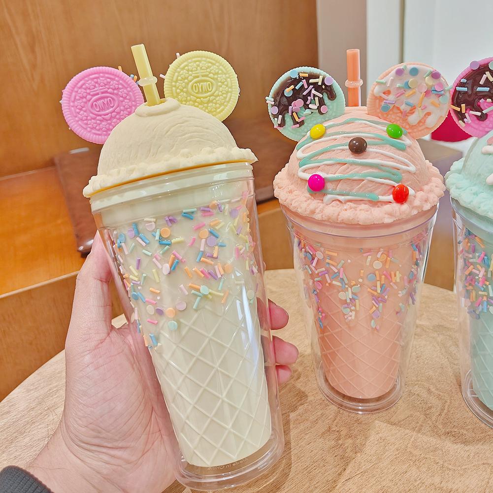 450ml Cute Straw Cup,Ice Cream Lids for Stanley Tumbler,Reusable Plastic Cups,Summer Drinkware Cold Brew,Girl Water Bottle Gift