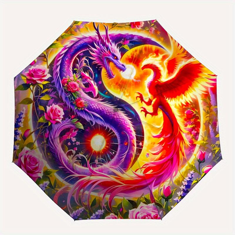 1pc Dragon and Phoenix Dance Amidst Flowers and Light Automatic Opening and Closing Umbrella - Suitable for Various Occasions, Outdoor Activities