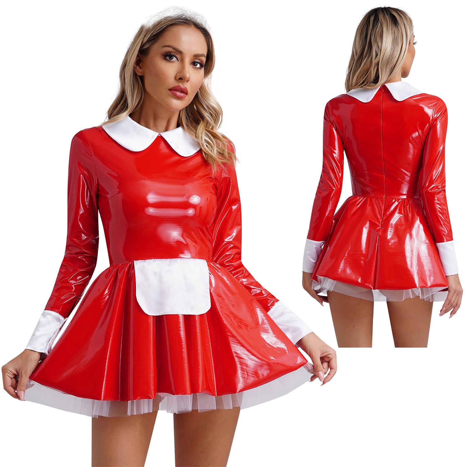 

Жіноча шкіряна сукня для покоївки, застібка, ляльковий комір, довгі рукави, сукня, міні-сукня трапеції XXL червоний