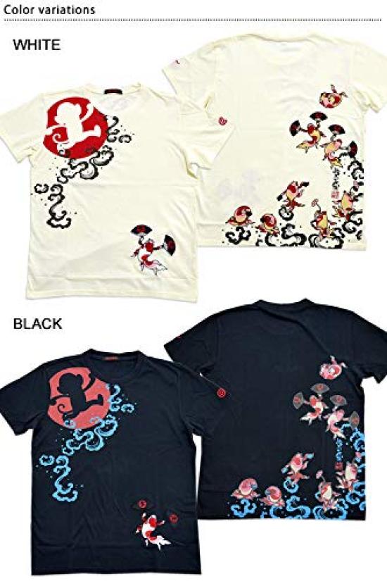 Goku Honpo Goldfish Caricature Gorgeous Short Sleeve Goku Honpo Goku Monkey Kuniyoshi Utagawa Kintoto Embroidery Black L (Goku Honpo) T-Shirt LGT-5901