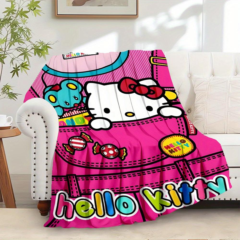 For Candy, Pocket, HelloKittyAnime-Themed Flannel Blanket, Glam Style, Digital Print, All-Season Comfort, Tear-Resistant, Knitted Craftsmans 130x150cm