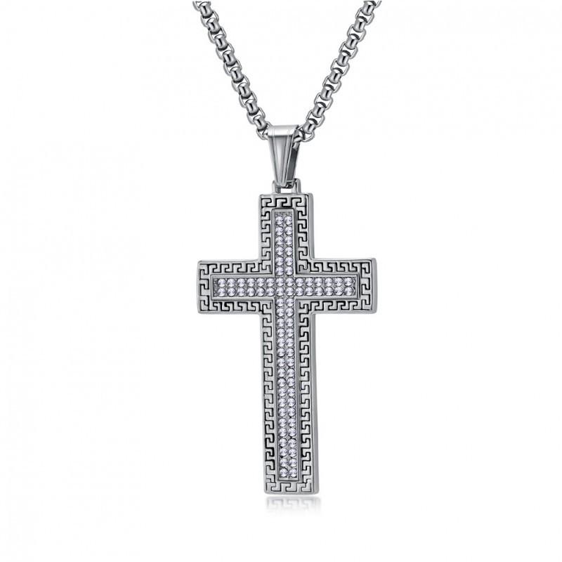 European American Popular Retro Titanium Steel Cross Necklace Niche Full Diamond Design High-end Hip-hop Street Trendsetter Pendant