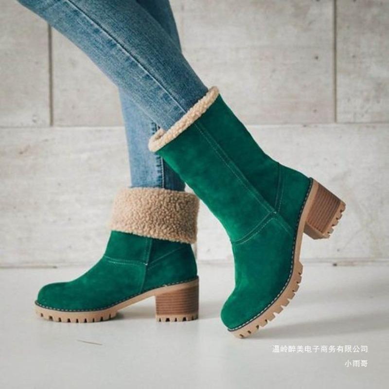 Cross-border Autumn and Winter New European and American Low Boots, Velvet Warm Large Size Thick Heel Student Casual Flat Women's Boots