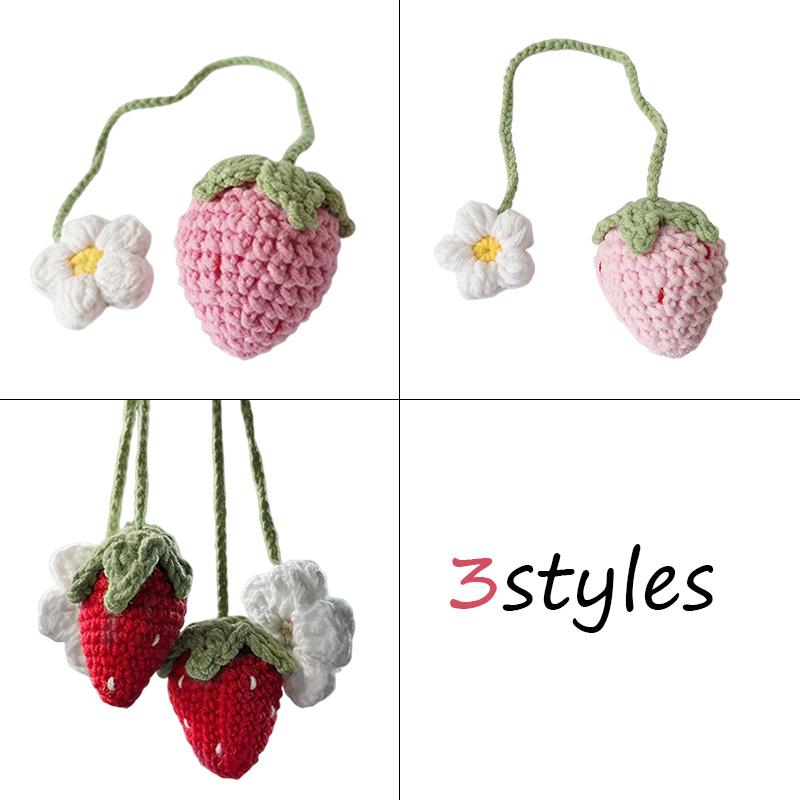 Handmade Woolen Woven Strawberry Car Rearview Mirror Pendant Hanging Crochet Pink Strawberry Car Key Pendant Jewelry Accessories