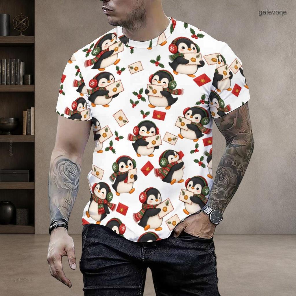 Men s Plus Size Round Neck Short Sleeve Christmas Robin Holly Printed White Pullover T Shirt