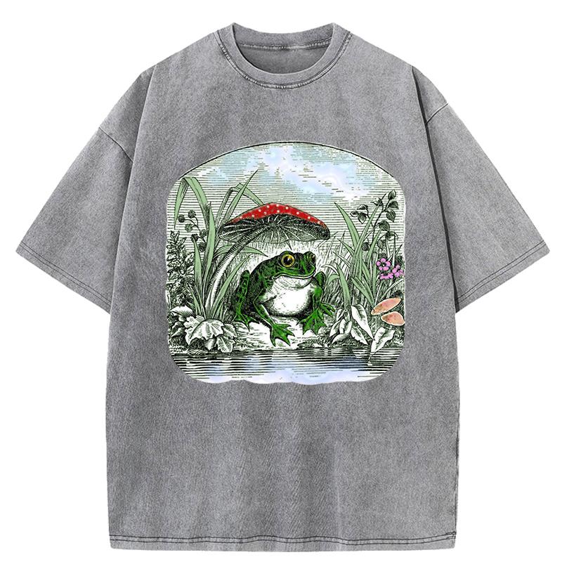 Vintage Aesthetic Frog Mushroom Prints Washed Women T-Shirt Loose T Shirt Crewneck Summer Short Sleeve Cotton Clothes