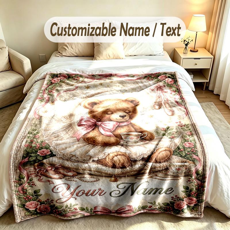 Teddy Bear Theme Custom Blanket Personalized Name & Text Customized Soft Warm Throw Blanket Home Decor