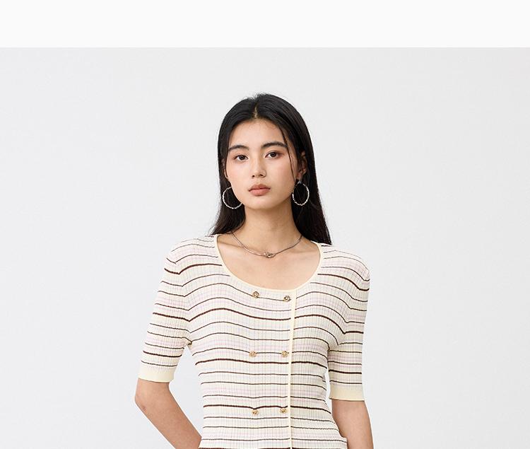 Square Collar Striped Knitted Sweater for Women In the Summer of 2026, Double Breasted Slim Fit and Slimming, Mid Sleeve Style Base Top
