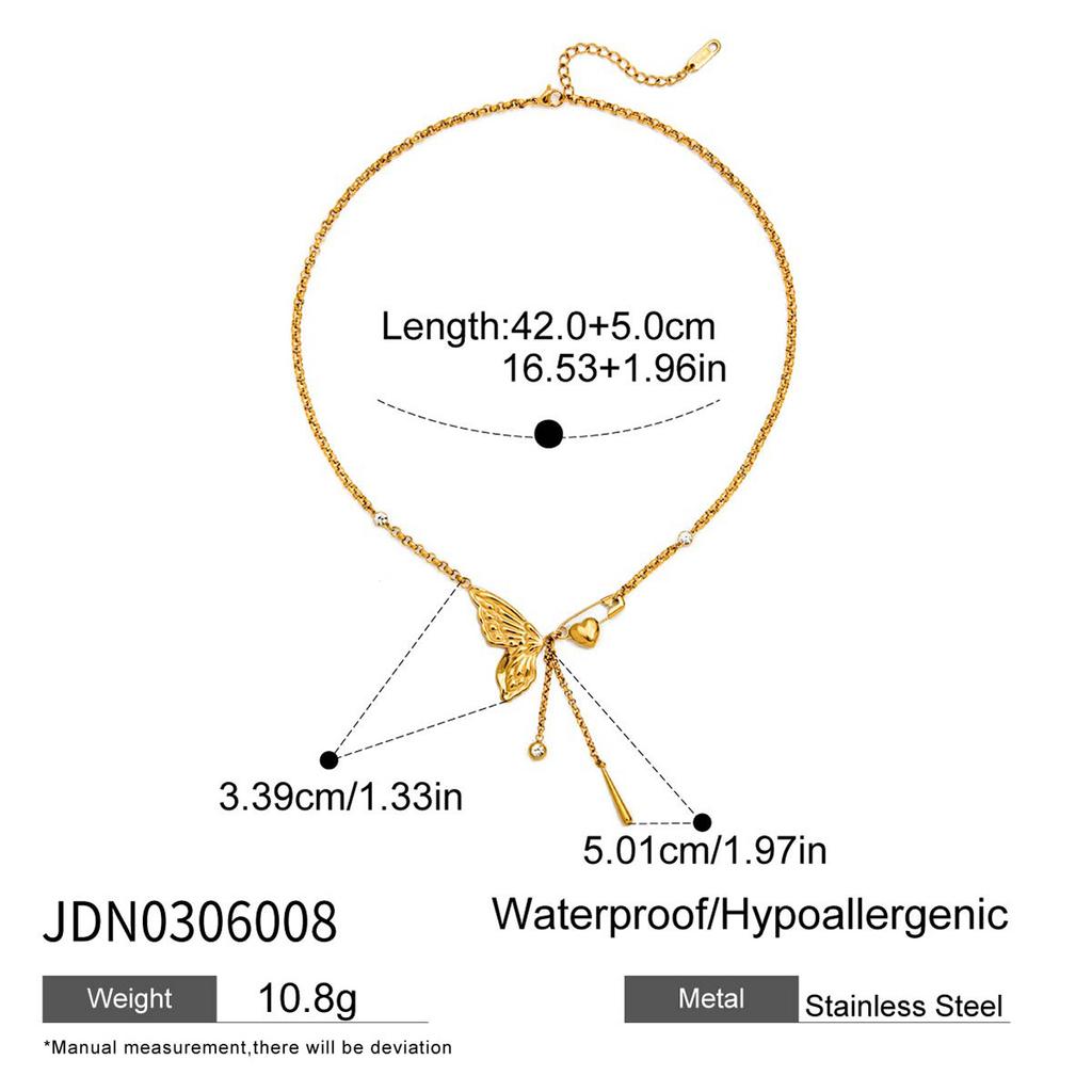 MJ Exquisite 18K Gold Stainless Steel Link Chain Rhinestone Hollow Bow Heart Necklace with Diamond and Zircon for Parties