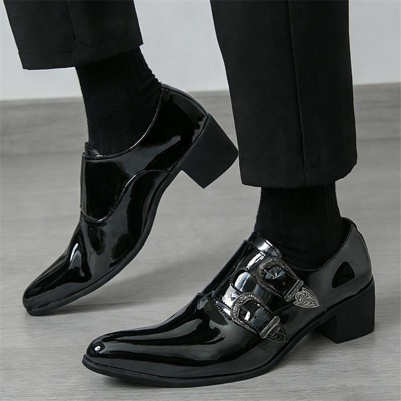 Britain Monk Strap Loafers Men Pointed Skeleton Patent Leather Elevator Shoes Designer Formal Wedding Dress Homecoming Footwear