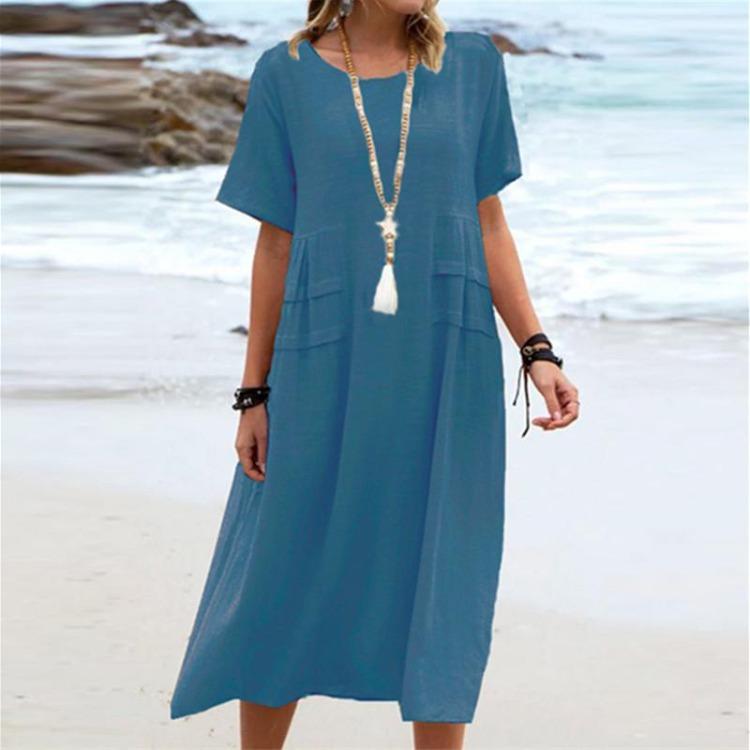 Women Casual Cotton Linen Short Sleeve Round Neck Solid Color Loose Pocket Beach Holiday Seaside Dress Skirt Summer
