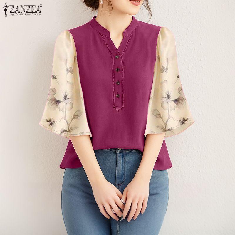ZANZEA Damen Casual V-Ausschnitt Spleiß 3/4 Ärmel Lockere Bluse