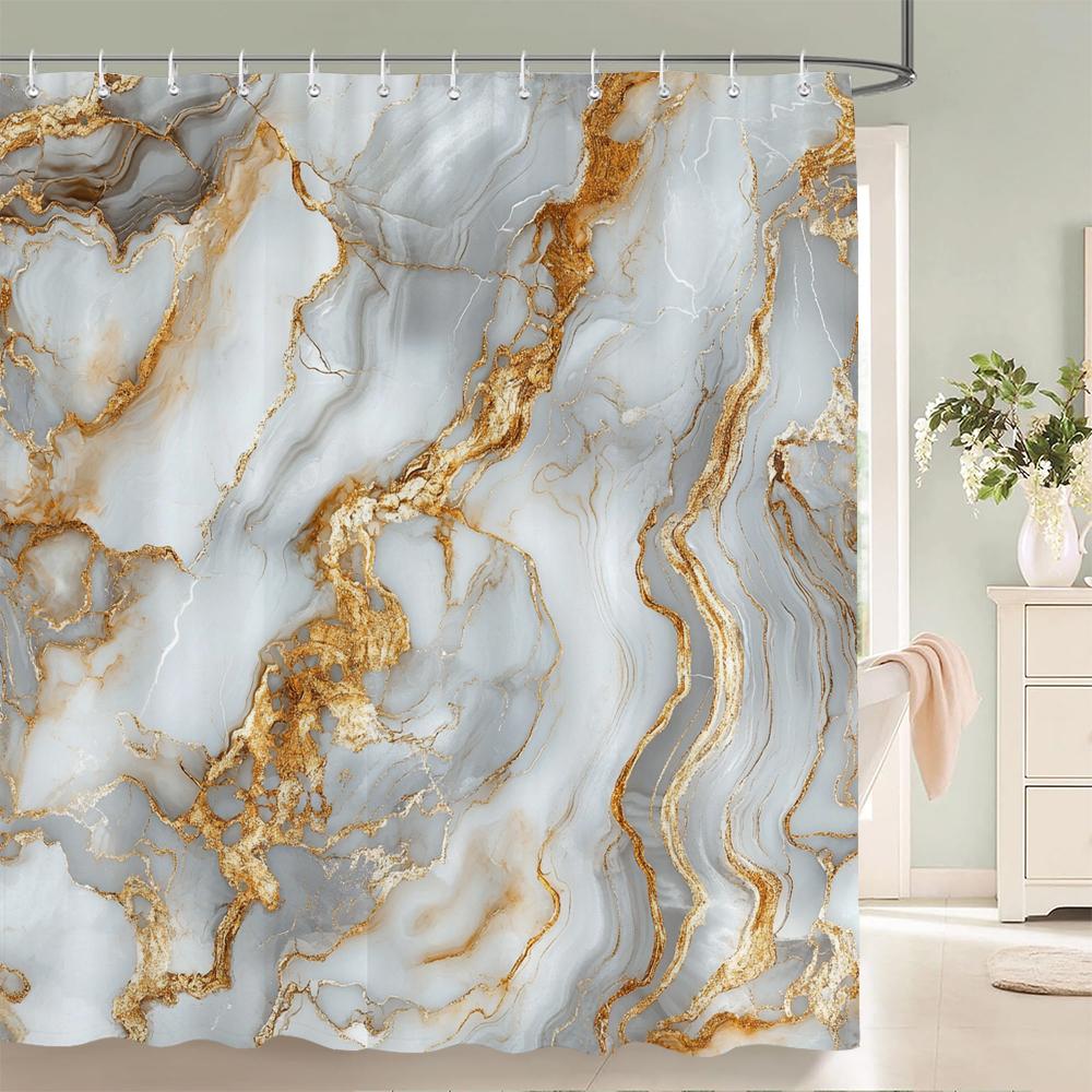 Abstract Marble Pattern Shower Curtain, Geometric Printed Bathroom Decorative Shower Curtain, Fabric Home Curtain with Hooks