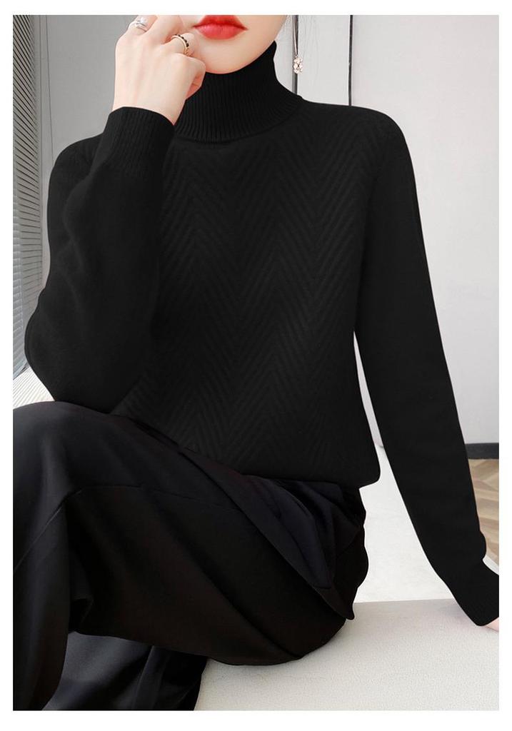 Women's High Collar Solid Color Loose Slimming Knit Pullover – 100% Pure Wool Base Layer Top for Autumn and Winter