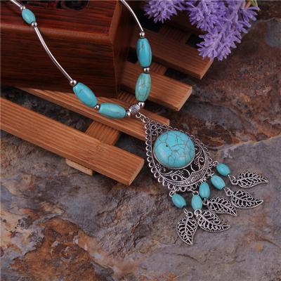 Personalized Vintage Necklace National Style Turquoise Pendant Leaf Tassel Blue Turquoise Necklace
