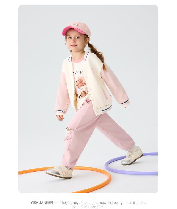 Girls' Cartoon Baseball Jacket: Warm, Fleece-Lined, Thick Cotton Coat With Stand Collar for Autumn/Winter.