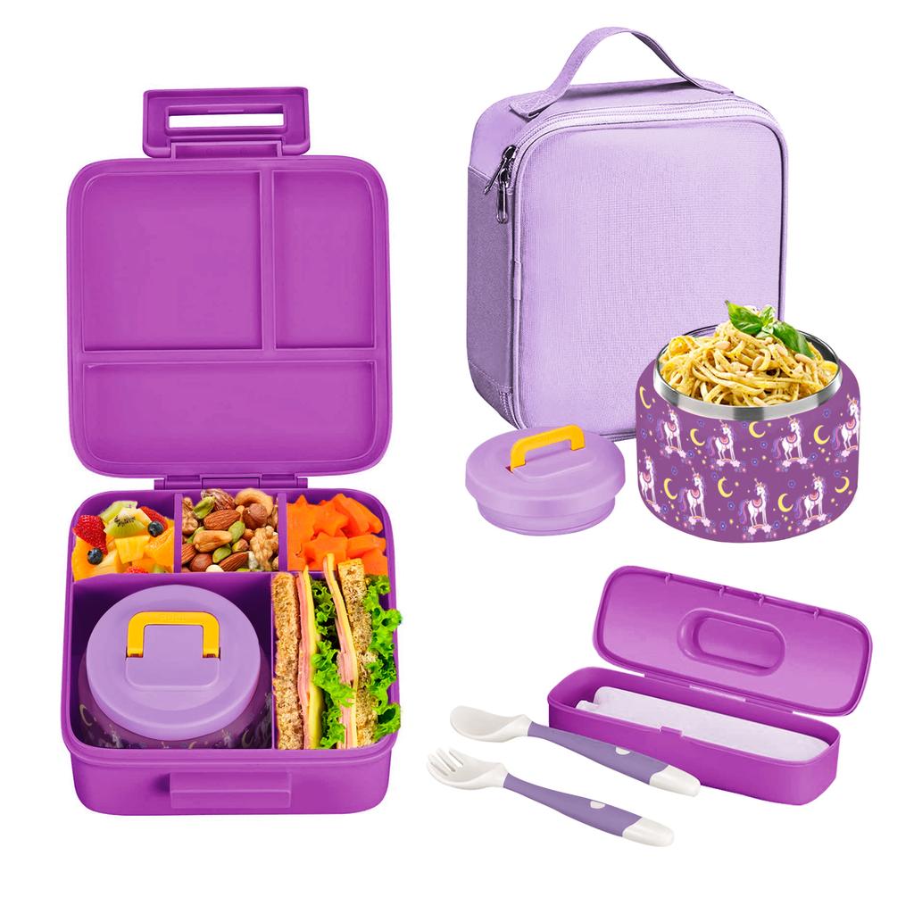 Bento-Lunchbox für Kinder mit isoliertem 237-ml-Vakuum-Lebensmittelbehälter, Lunchtasche, Kühlakku und biegsamer Gabel und Löffel, auslaufsicher