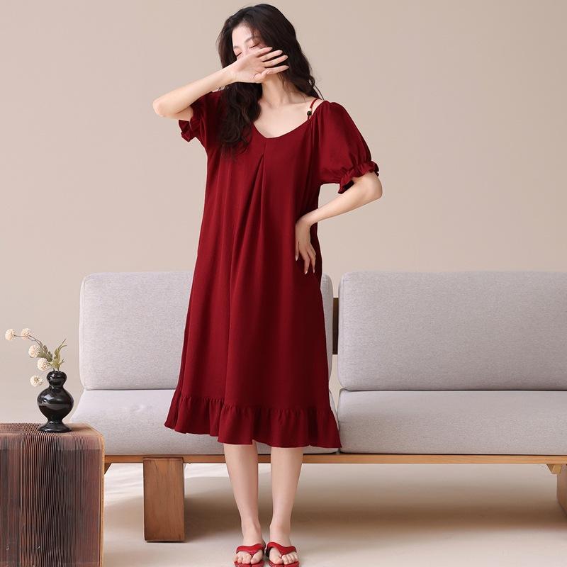 Couple Pajamas Summer Cotton Short-sleeved Nightgown Thin Wedding Wedding Burgundy Festive Natal Year Cotton Suit