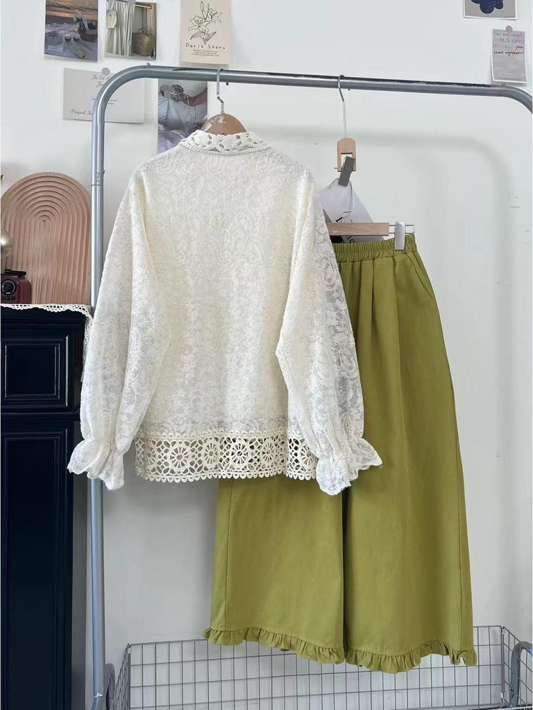 Korean Style Openwork Lace Lapel Blouse - 2025 Spring Women's Loose Fit, Long Sleeve
