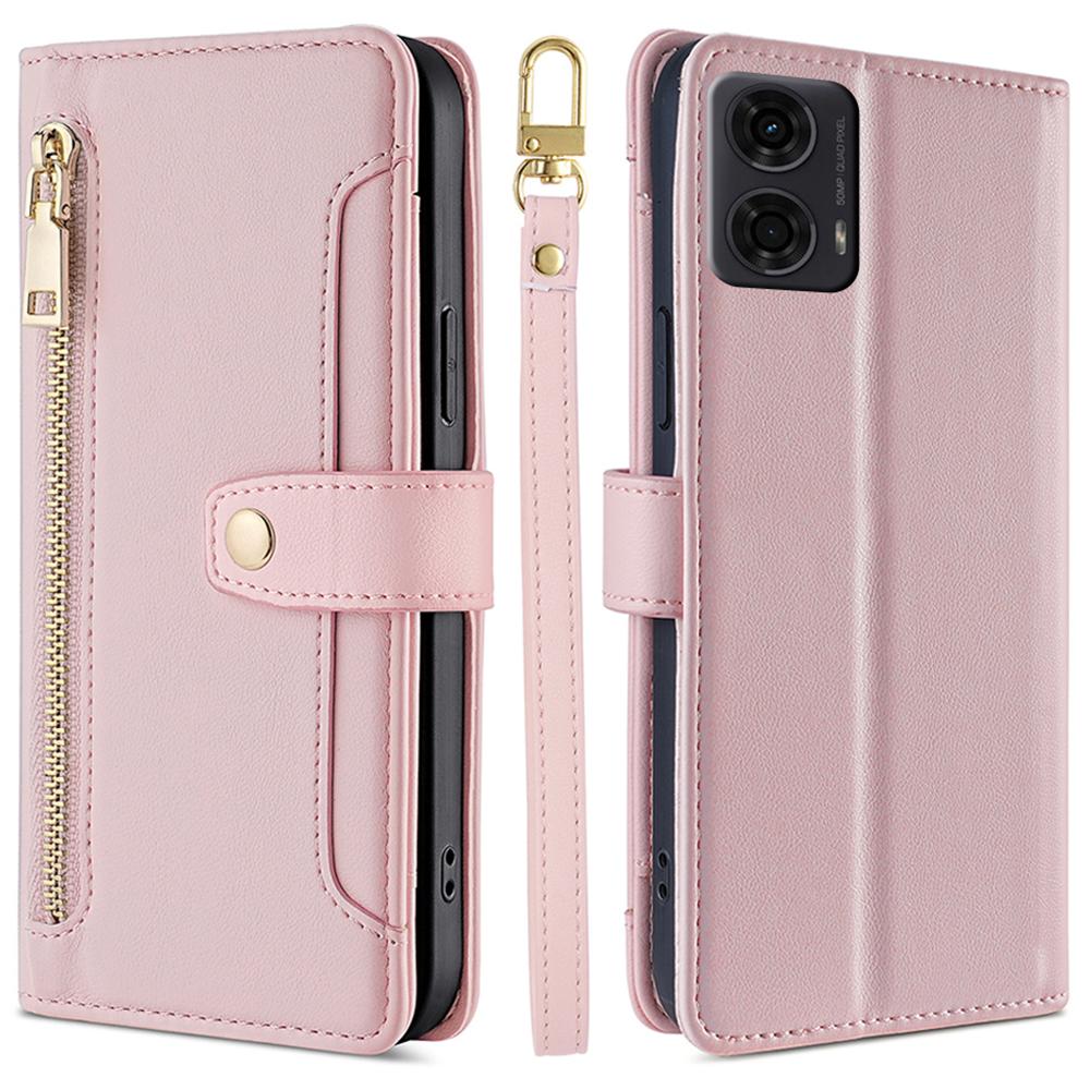 For Motorola Moto E14 4G/G04 4G/G04s 4G/G24 4G Leather Case Zipper Wallet Phone Cover with Shoulder Strap