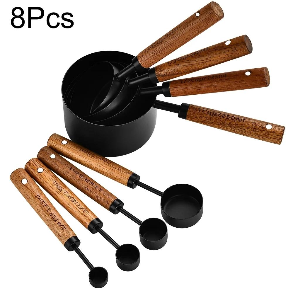 8Pcs Wooden Handle Stainless Steel Measuring Cups Spoons Baking Tools Coffee Measuring Spoon Set Bartending Scale Accessories